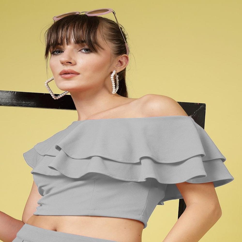 One Shoulder Layered Crop Top , Flared Sleeve