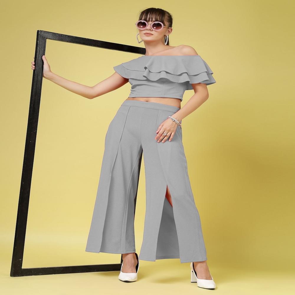 One Shoulder Layered Crop Top , Flared Sleeve