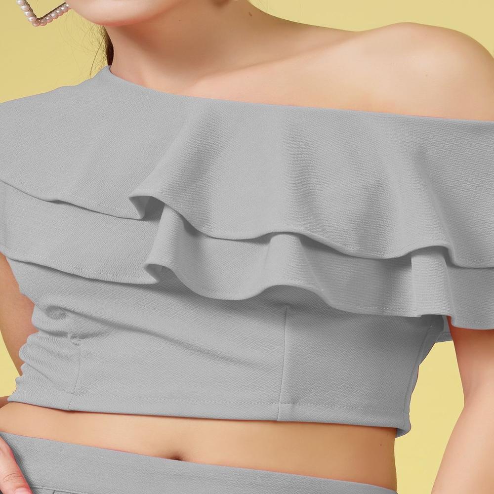 One Shoulder Layered Crop Top , Flared Sleeve