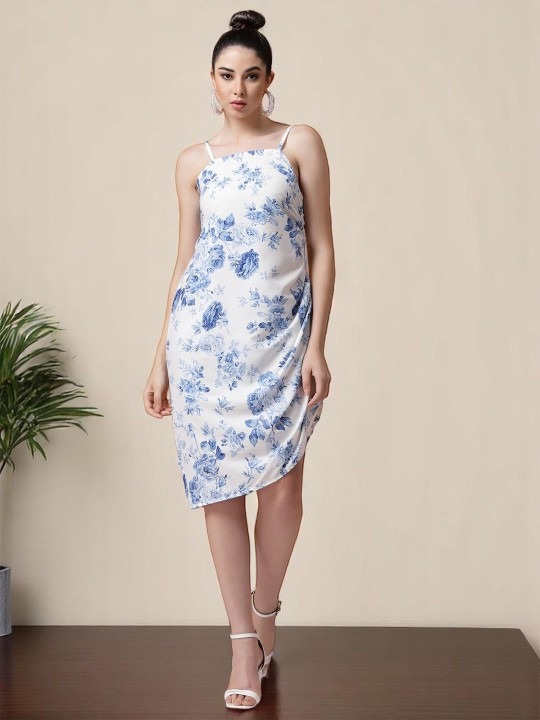 Women Floral Printed Shoulder Straps Party Sheath Dress - Color: White