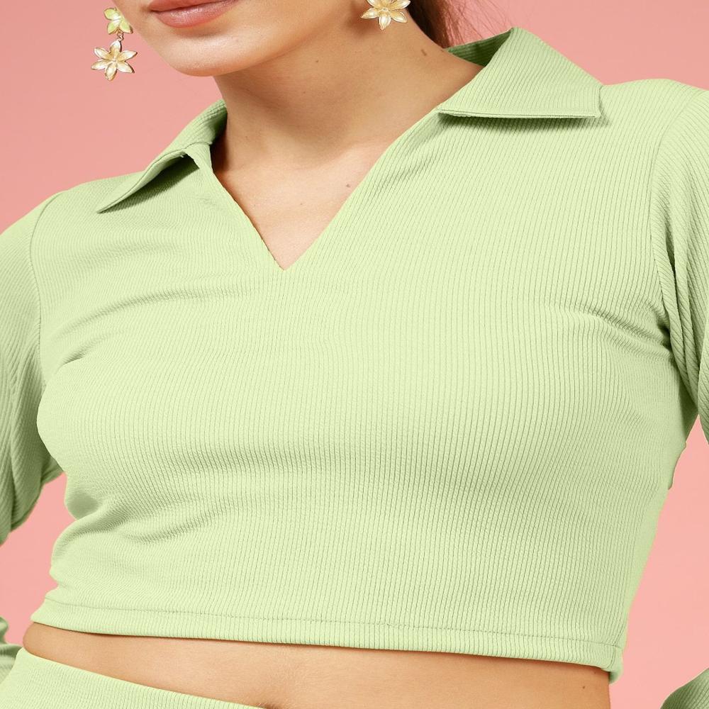 Ribbed Shirt Collar Fitted Crop Top - Color: Green