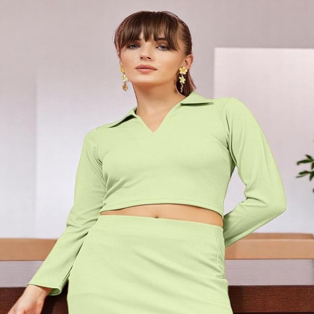 Ribbed Shirt Collar Fitted Crop Top