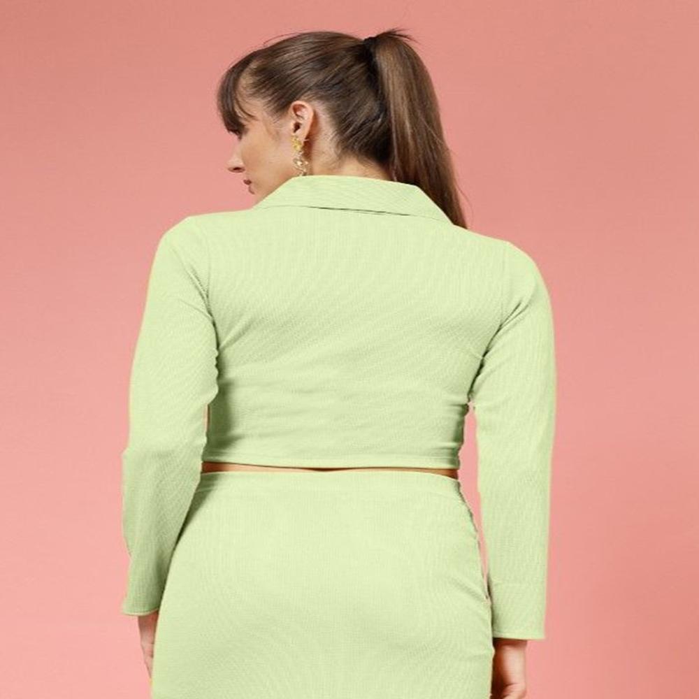Ribbed Shirt Collar Fitted Crop Top