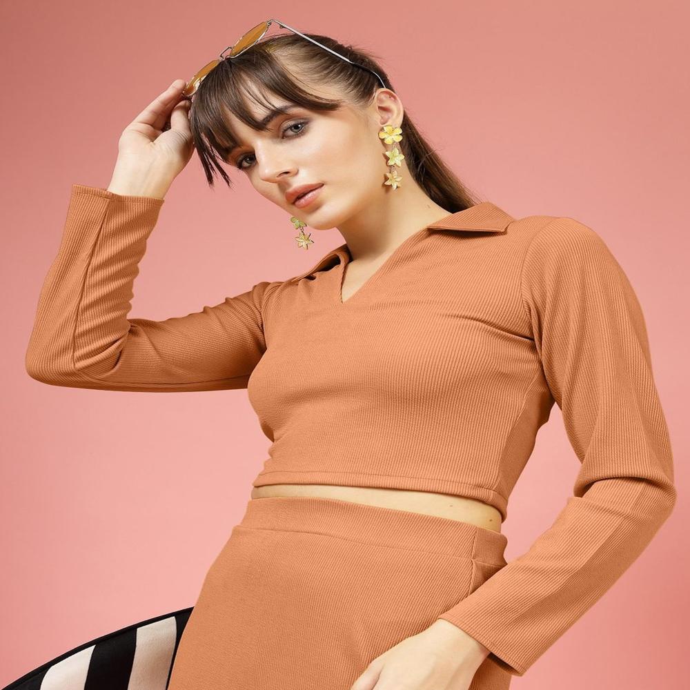 Ribbed Shirt Collar Fitted Crop Top