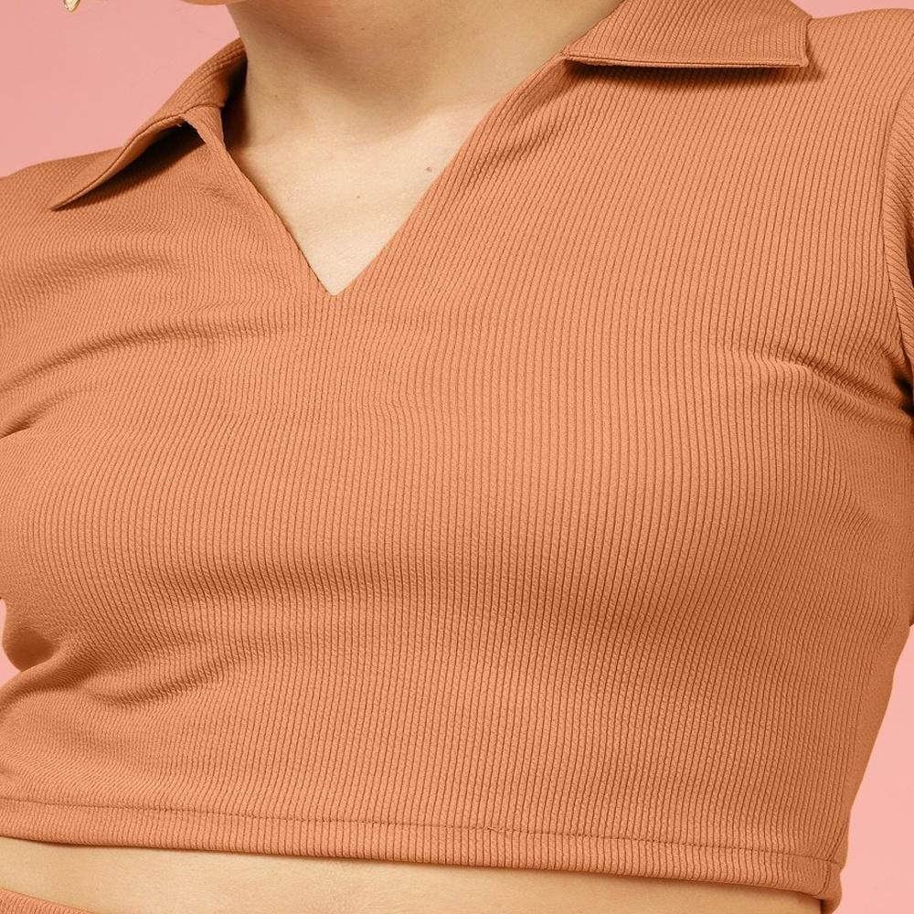 Ribbed Shirt Collar Fitted Crop Top