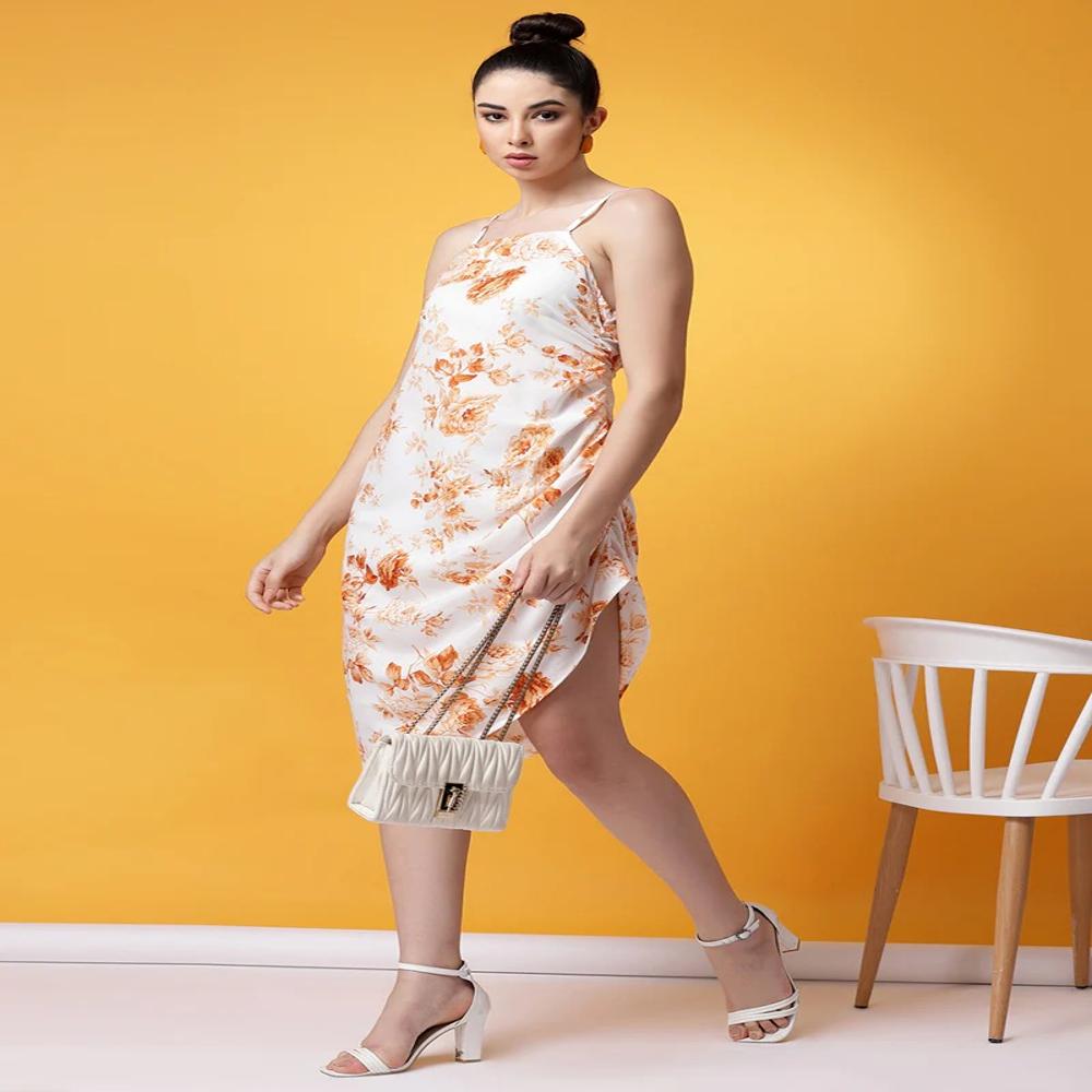 White And Orange Floral Printed Crepe Mini Dress
