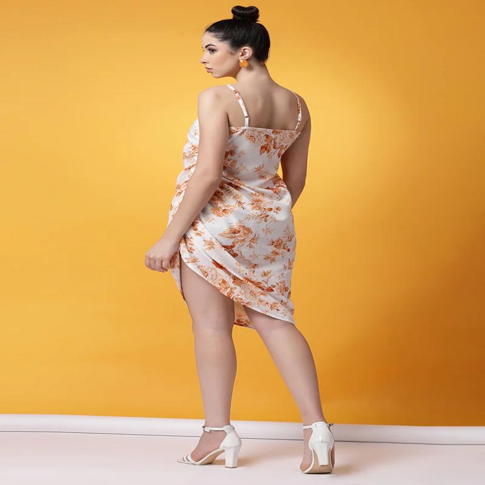White And Orange Floral Printed Crepe Mini Dress