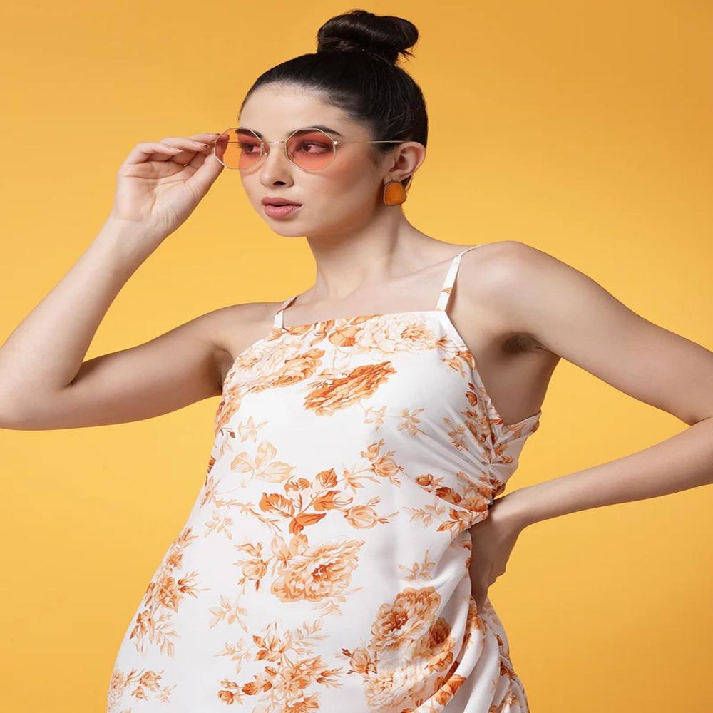 White And Orange Floral Printed Crepe Mini Dress