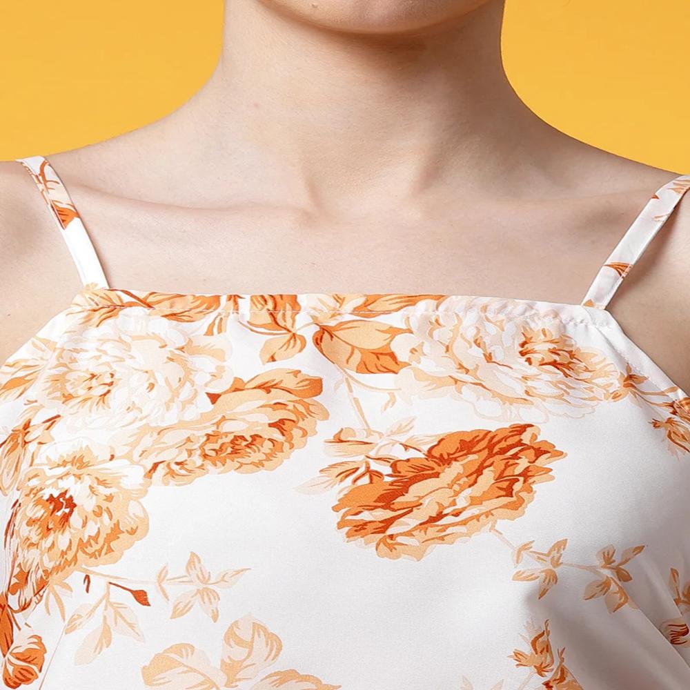 White And Orange Floral Printed Crepe Mini Dress