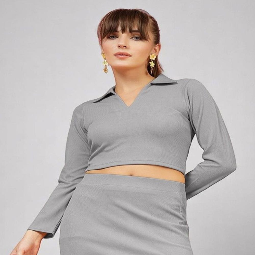 Ribbed Shirt Collar Fitted Crop Top