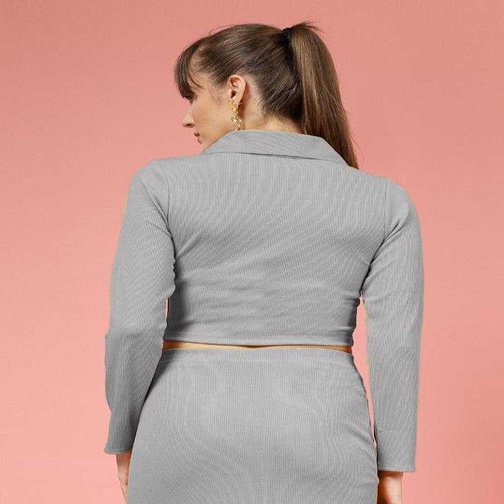 Ribbed Shirt Collar Fitted Crop Top