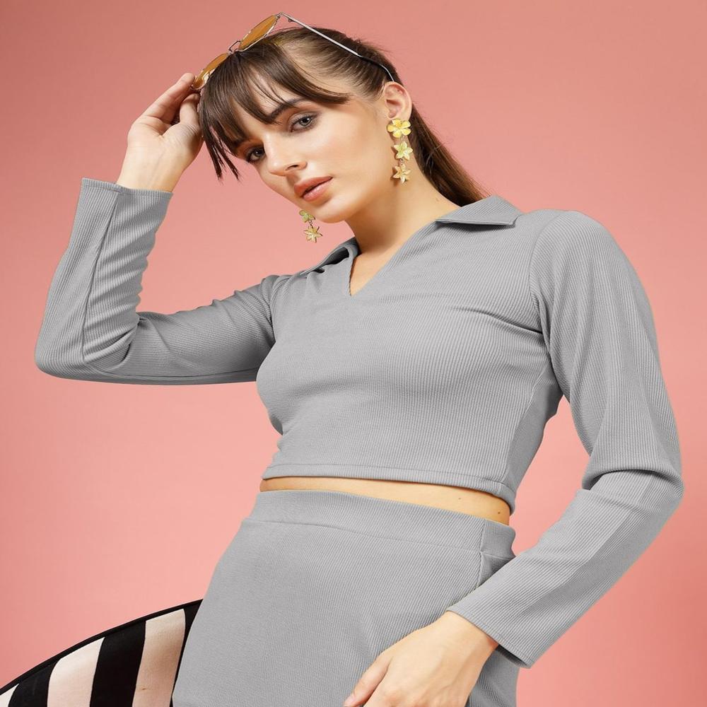 Ribbed Shirt Collar Fitted Crop Top