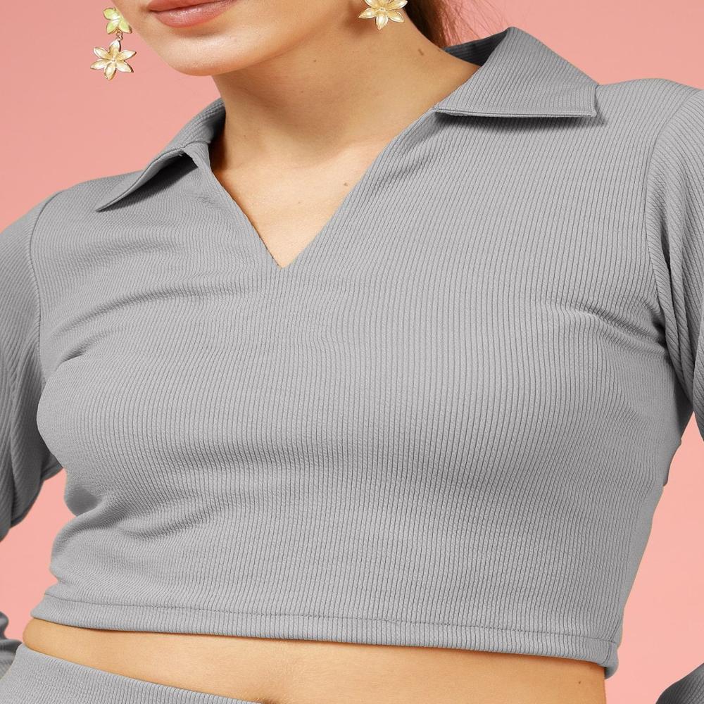 Ribbed Shirt Collar Fitted Crop Top