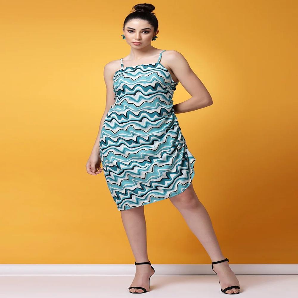 Multicolor Abstract Printed Mini Dress - Design: Knee Length In Asymmetric Hem
