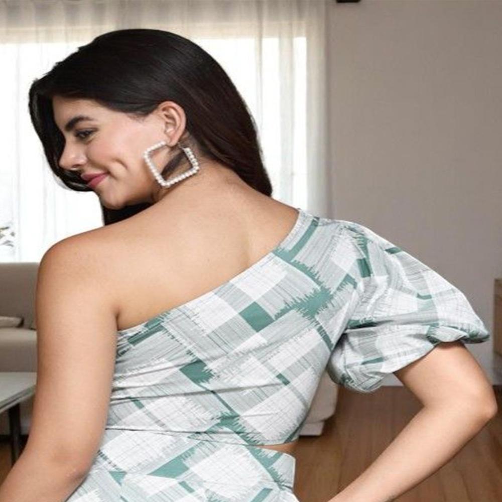 Print One Shoulder Bell Sleeve