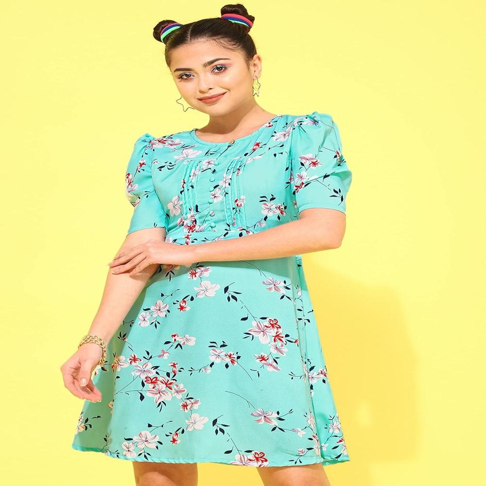Women's Floral Round Neck Green Dresses