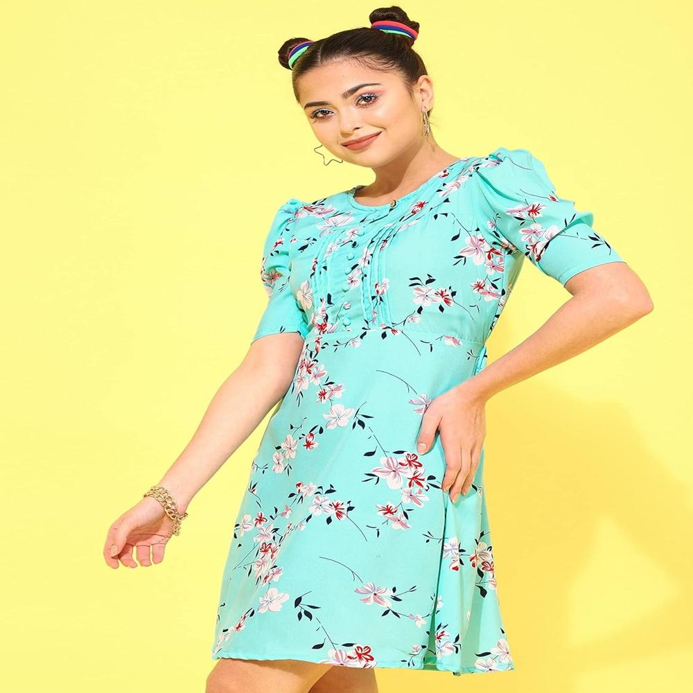 Women's Floral Round Neck Green Dresses