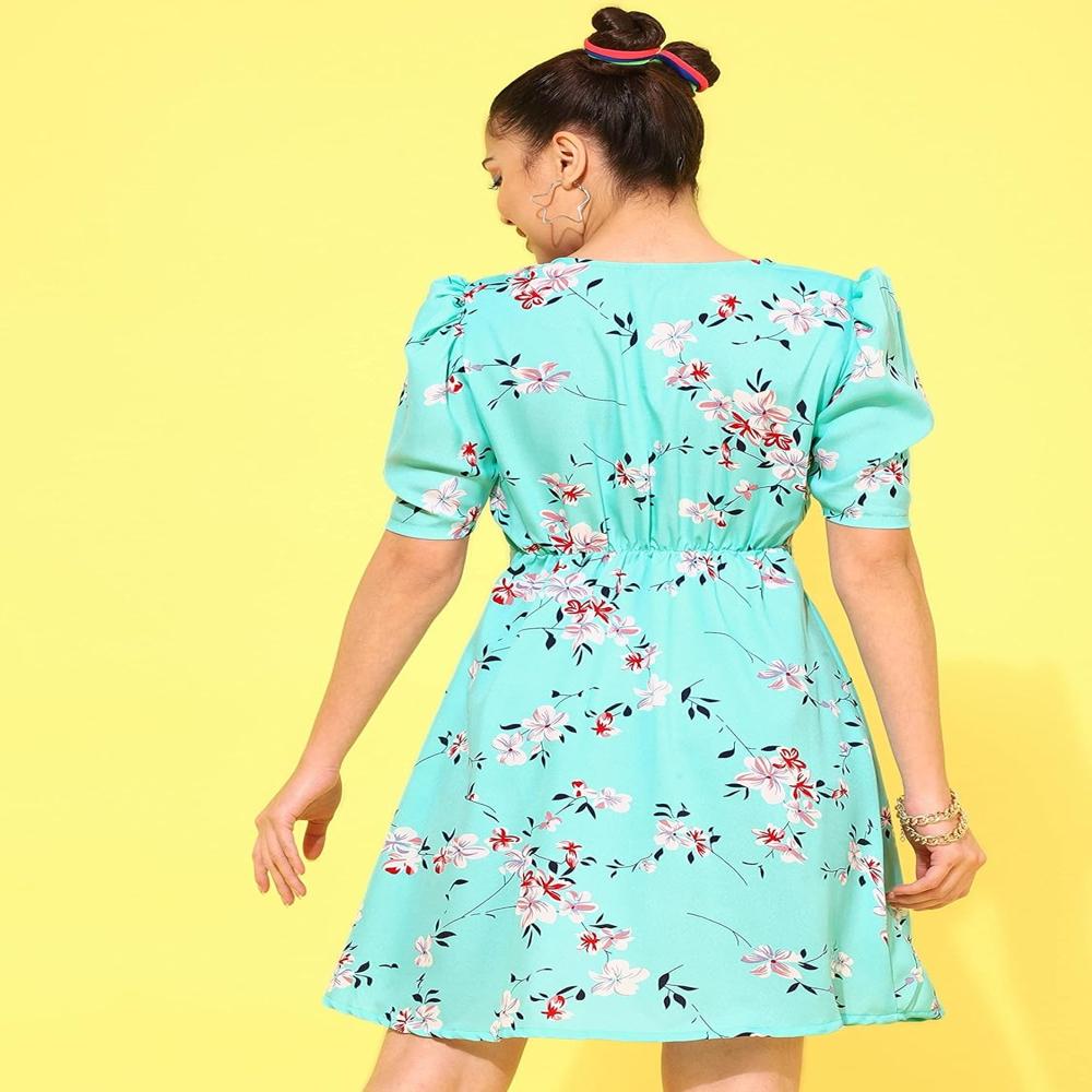 Women's Floral Round Neck Green Dresses