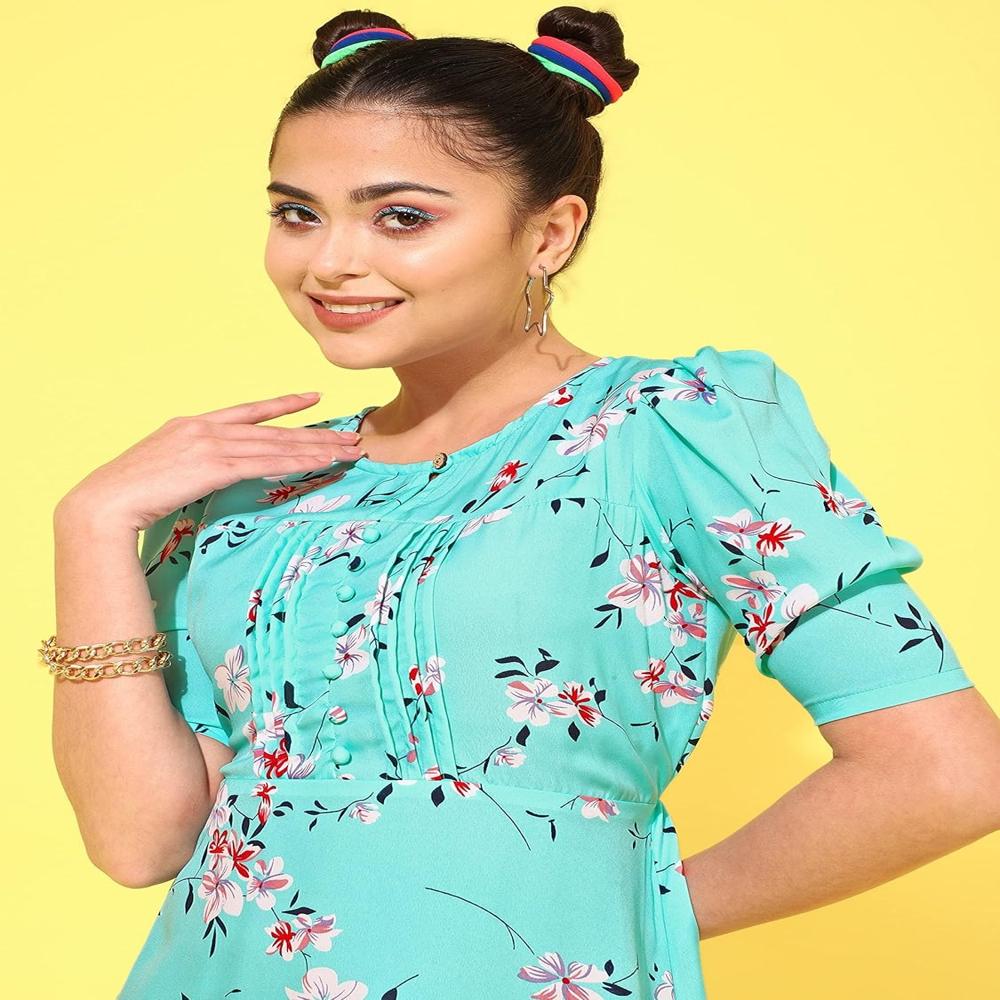 Women's Floral Round Neck Green Dresses
