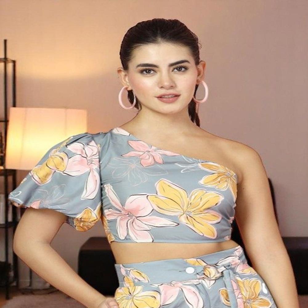 Floral Printed One Shoulder Crop - Color: Grey