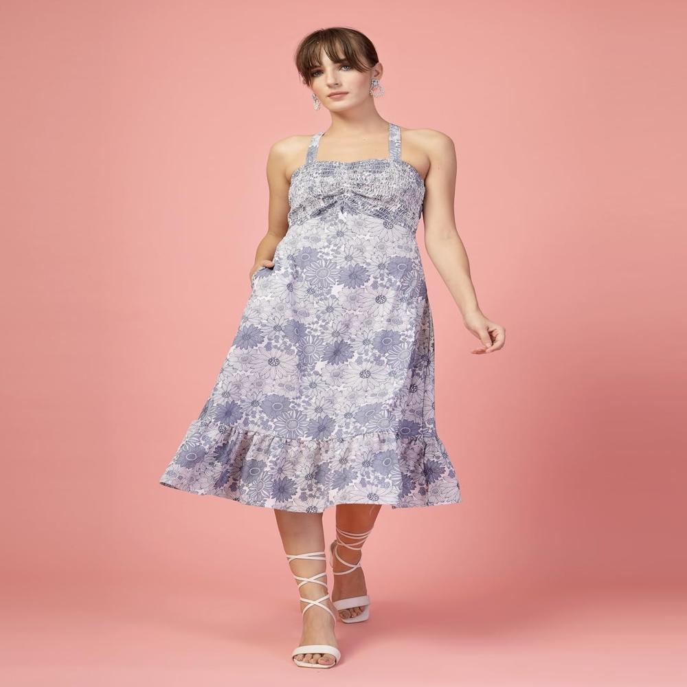 A-Line Printed Crepe Midi Dress - Color: Multicolor