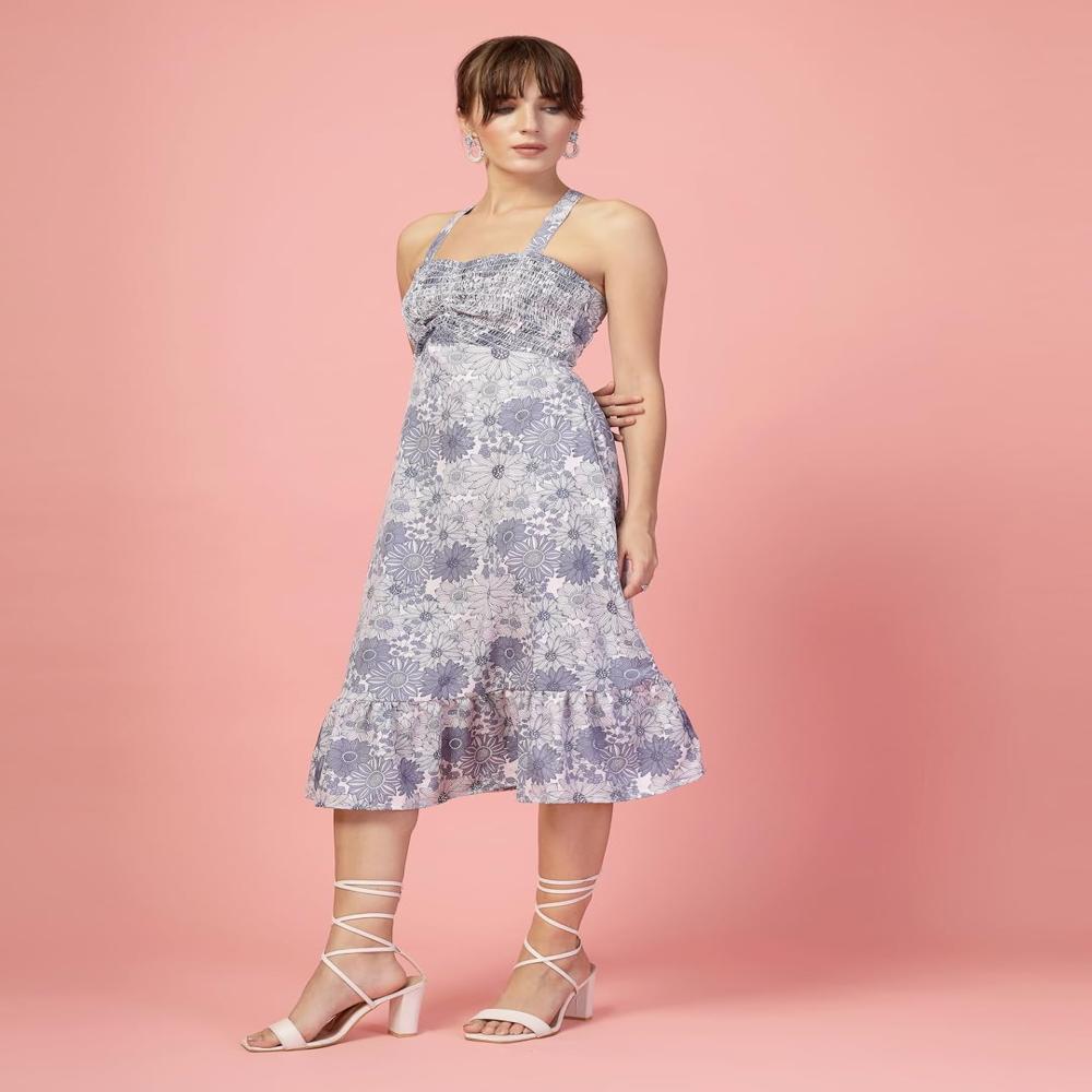 A-Line Printed Crepe Midi Dress