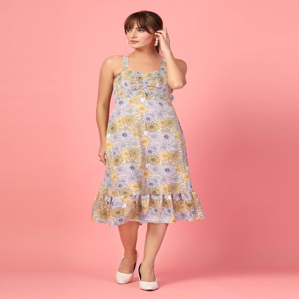A-Line Printed Crepe Midi Dress - Color: Yellow