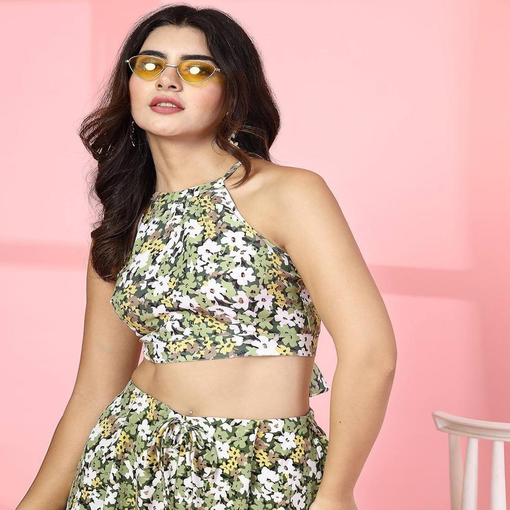 Floral Print Crop Top With Palazzos - Color: Green