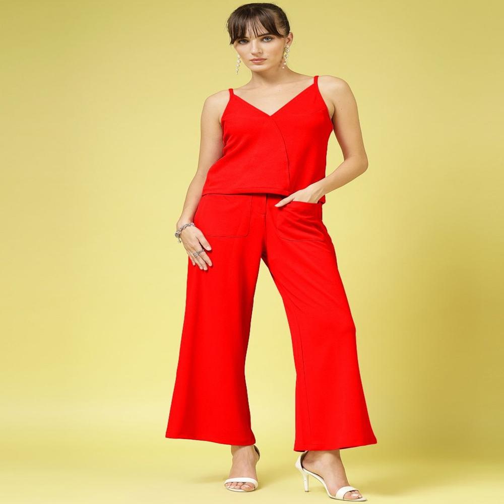 Women 2-piece Crop Top & Trousers Set - Color: Red