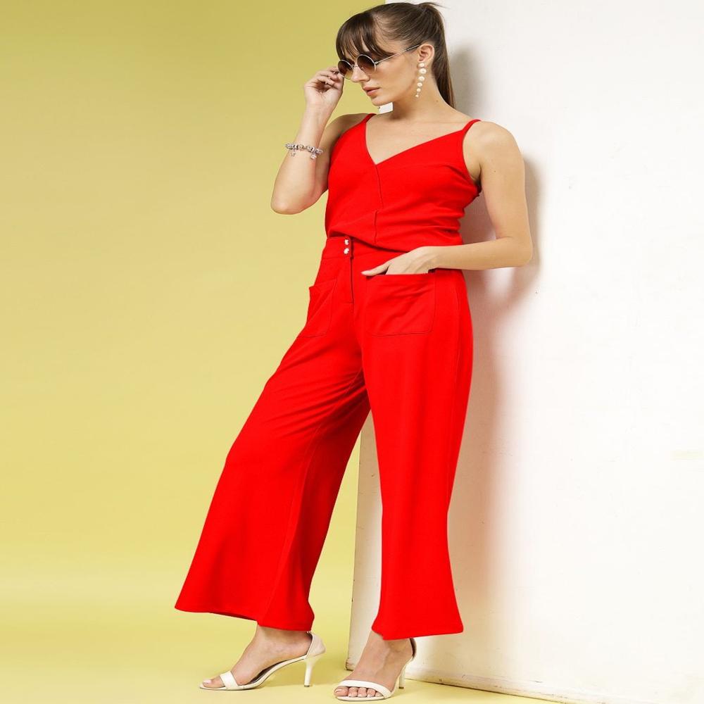 Women 2-piece Crop Top & Trousers Set - Color: Red