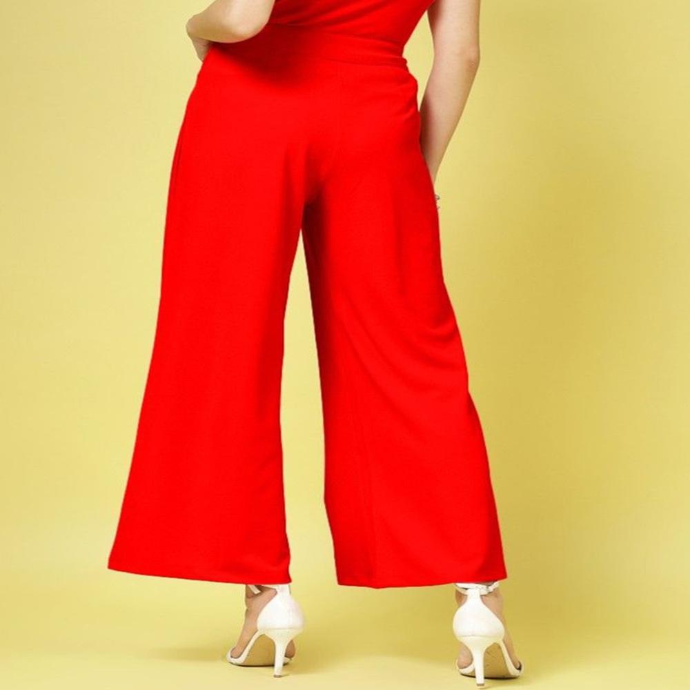 Women 2-piece Crop Top & Trousers Set - Color: Red