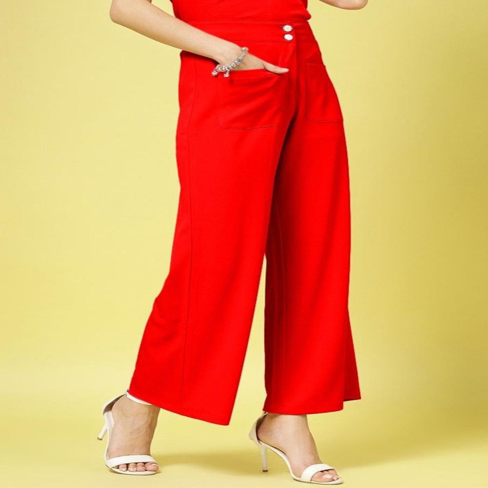 Women 2-piece Crop Top & Trousers Set - Color: Red