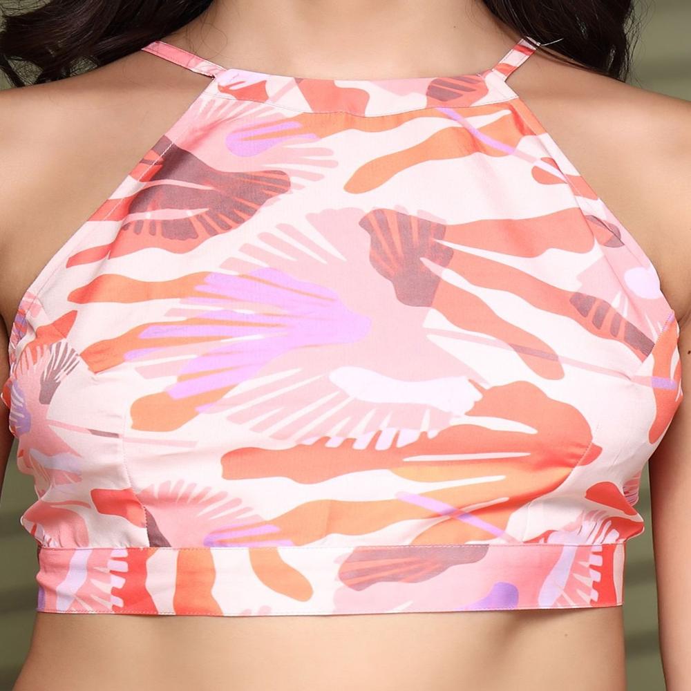 Printed Halter Neck Top - Color: Orange
