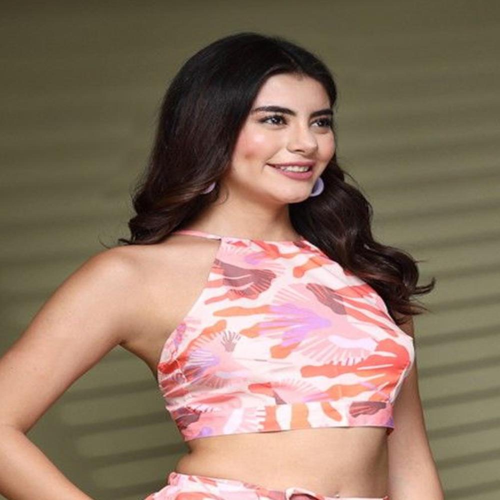Printed Halter Neck Top - Color: Orange