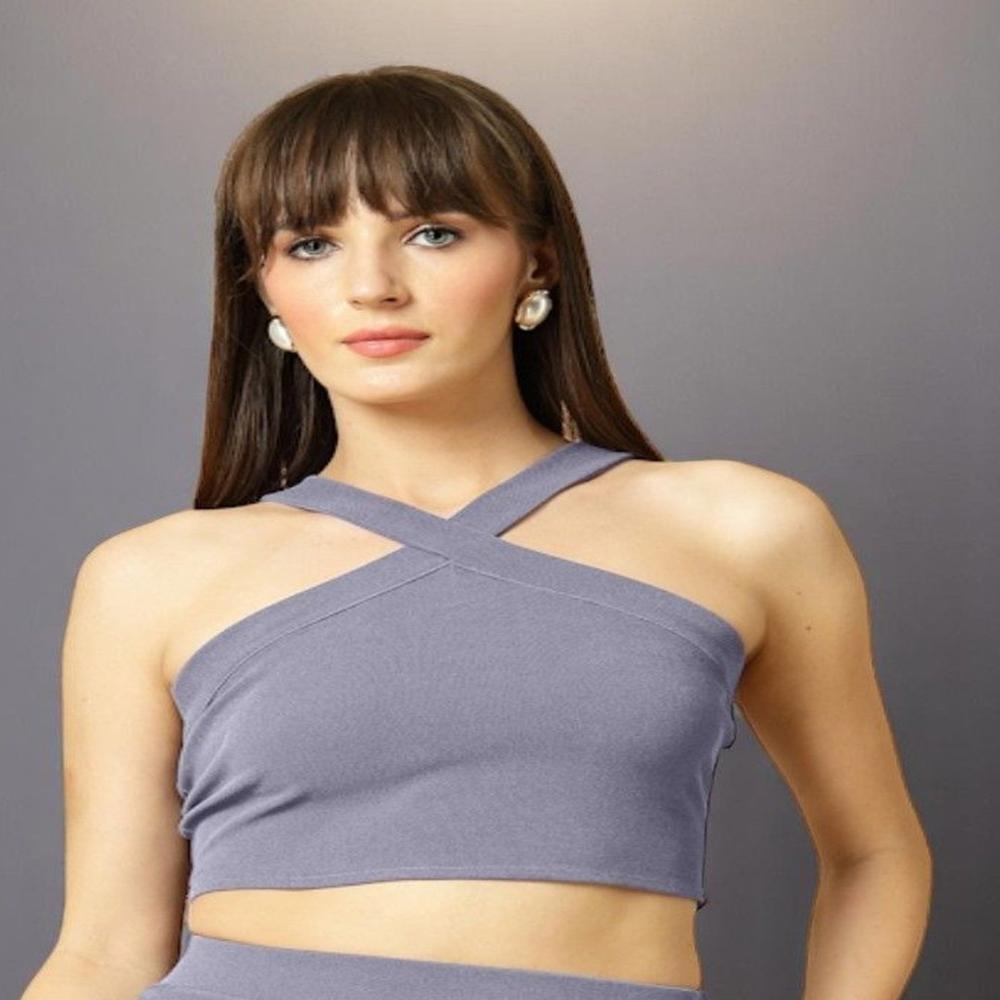 Women Solid Halter Neck Crop Top - Color: Purple