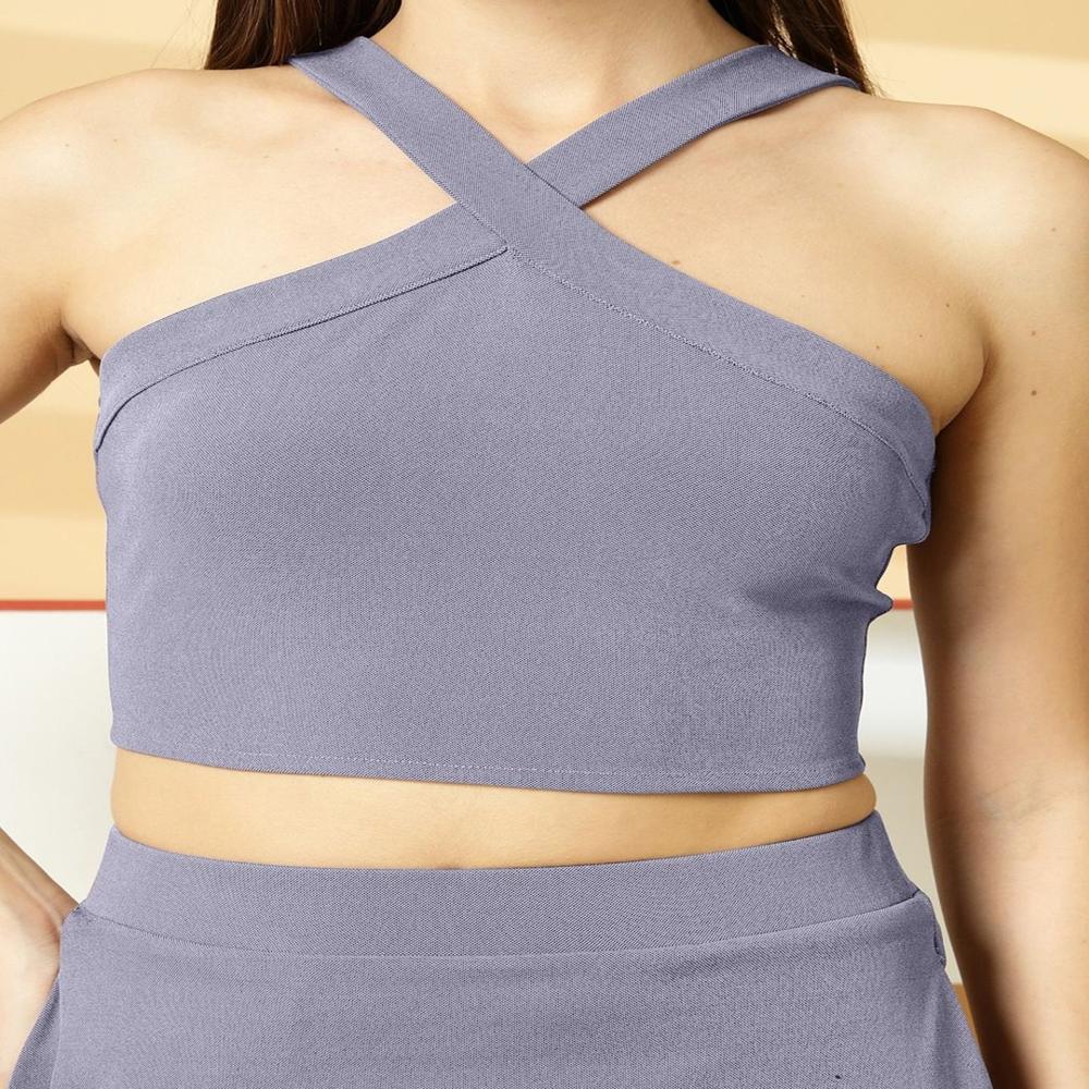 Women Solid Halter Neck Crop Top - Color: Purple