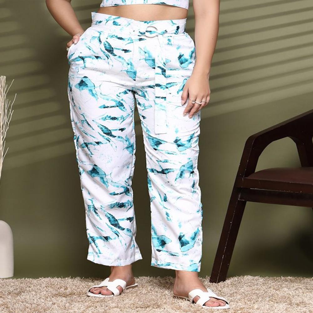 Women Abstract Printed Pleated Trousers - Color: Blue