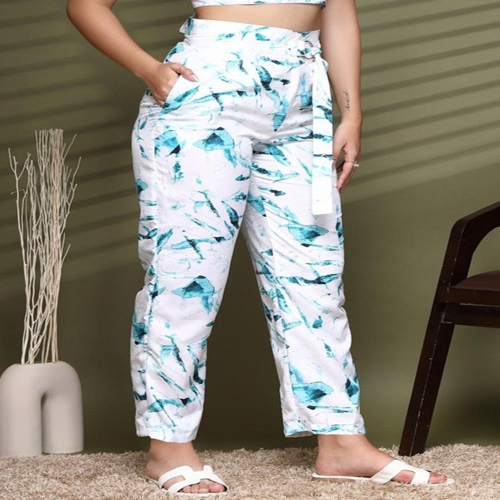 Women Abstract Printed Pleated Trousers - Color: Blue
