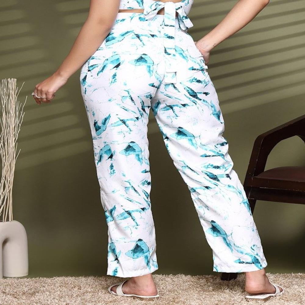Women Abstract Printed Pleated Trousers - Color: Blue