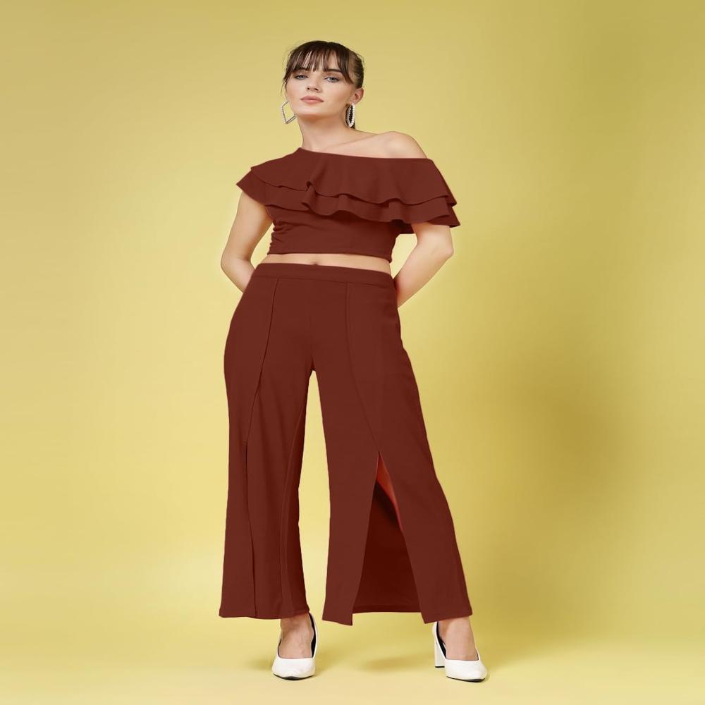Stretchable Trousers For Women With Slit Detail - Color: Brown