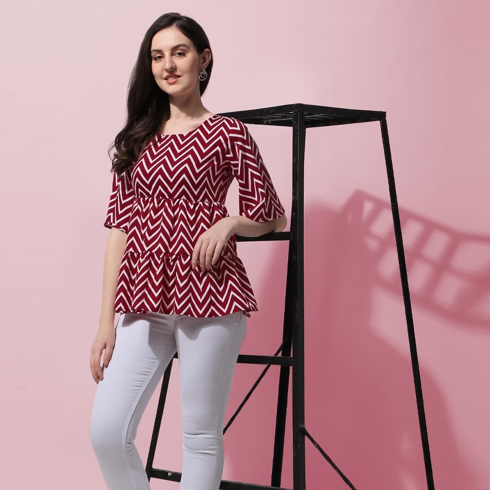 Geometric Print Crepe Peplum Regular Top , Fla Red Sleeve - Ethnic Region: Indian