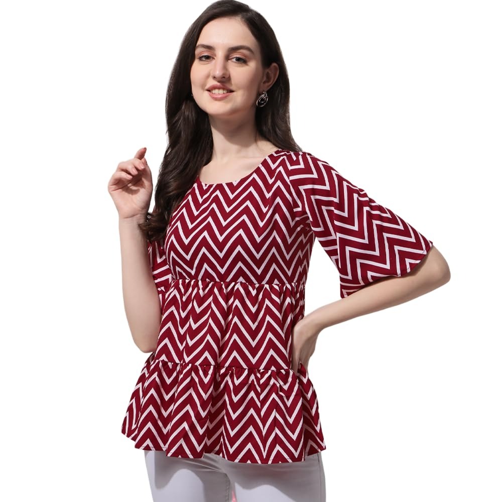 Geometric Print Crepe Peplum Regular Top , Fla Red Sleeve