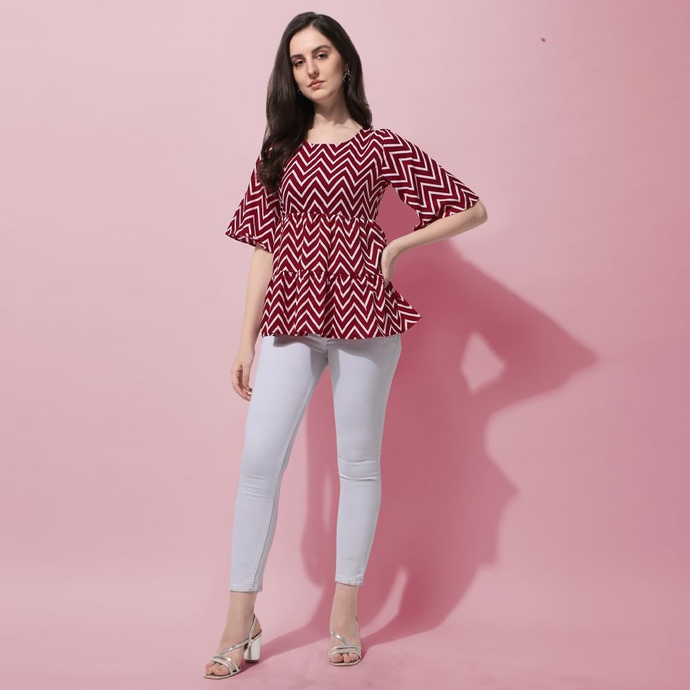 Geometric Print Crepe Peplum Regular Top , Fla Red Sleeve