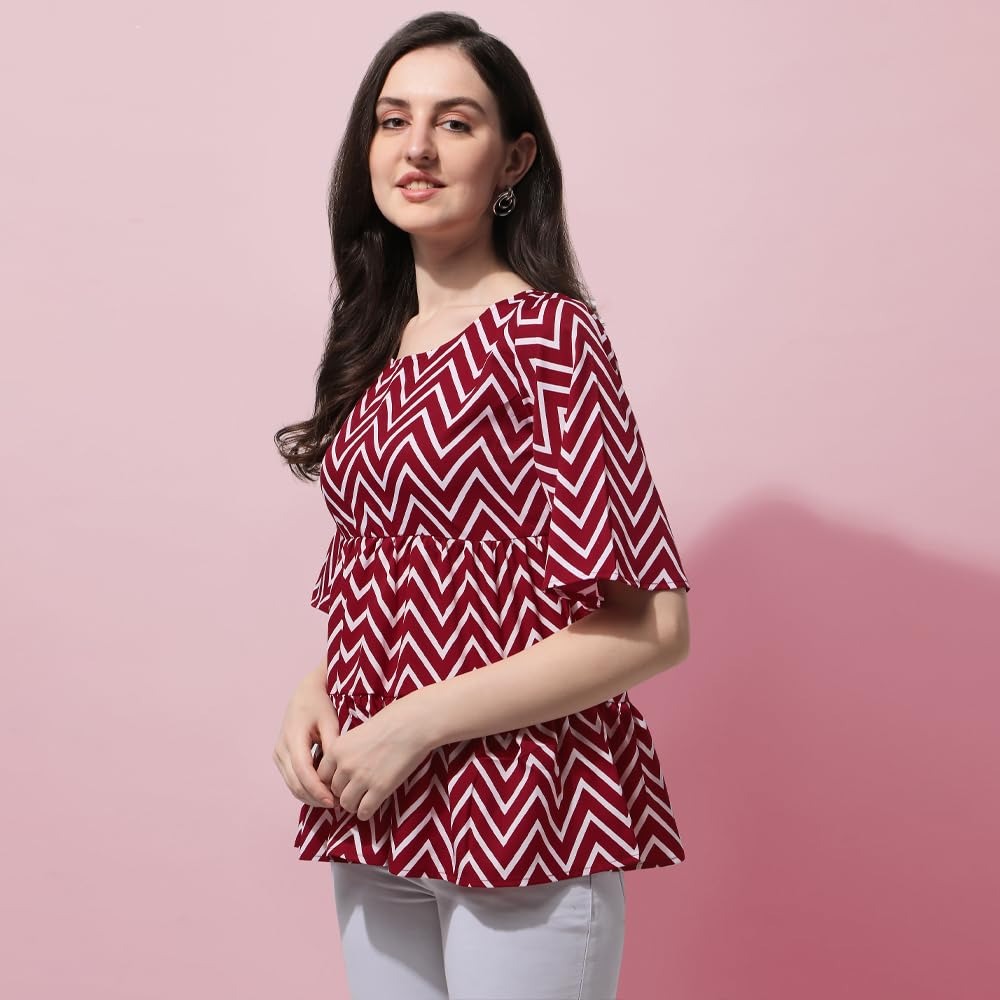 Geometric Print Crepe Peplum Regular Top , Fla Red Sleeve