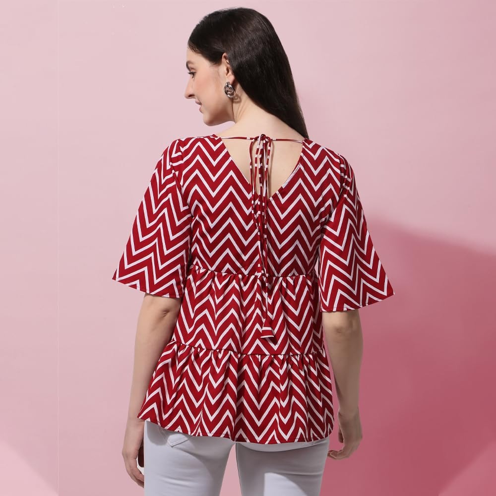 Geometric Print Crepe Peplum Regular Top , Fla Red Sleeve