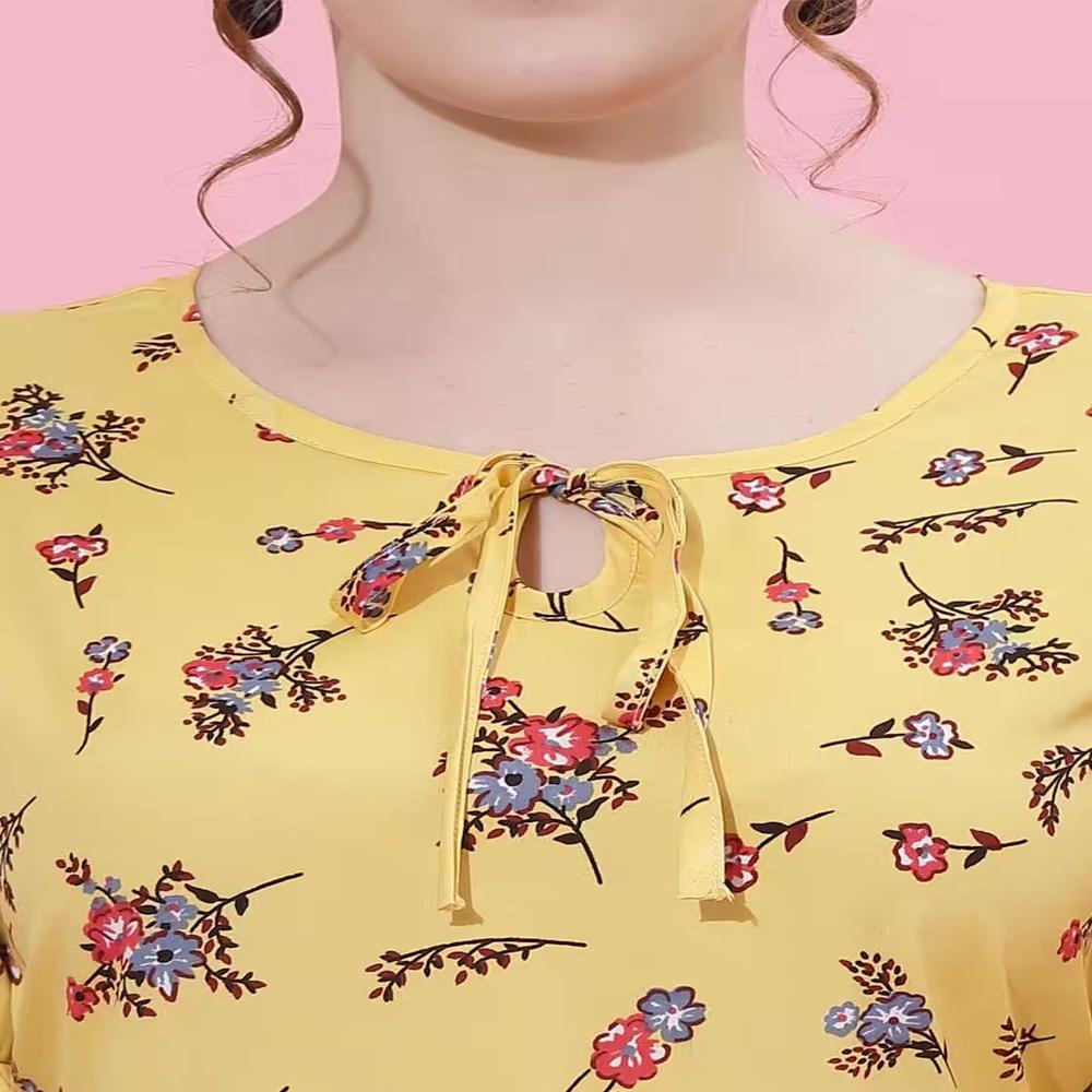 Floral Print Top With Tie-Up Neck , Flared Sleeve - Color: Yellow