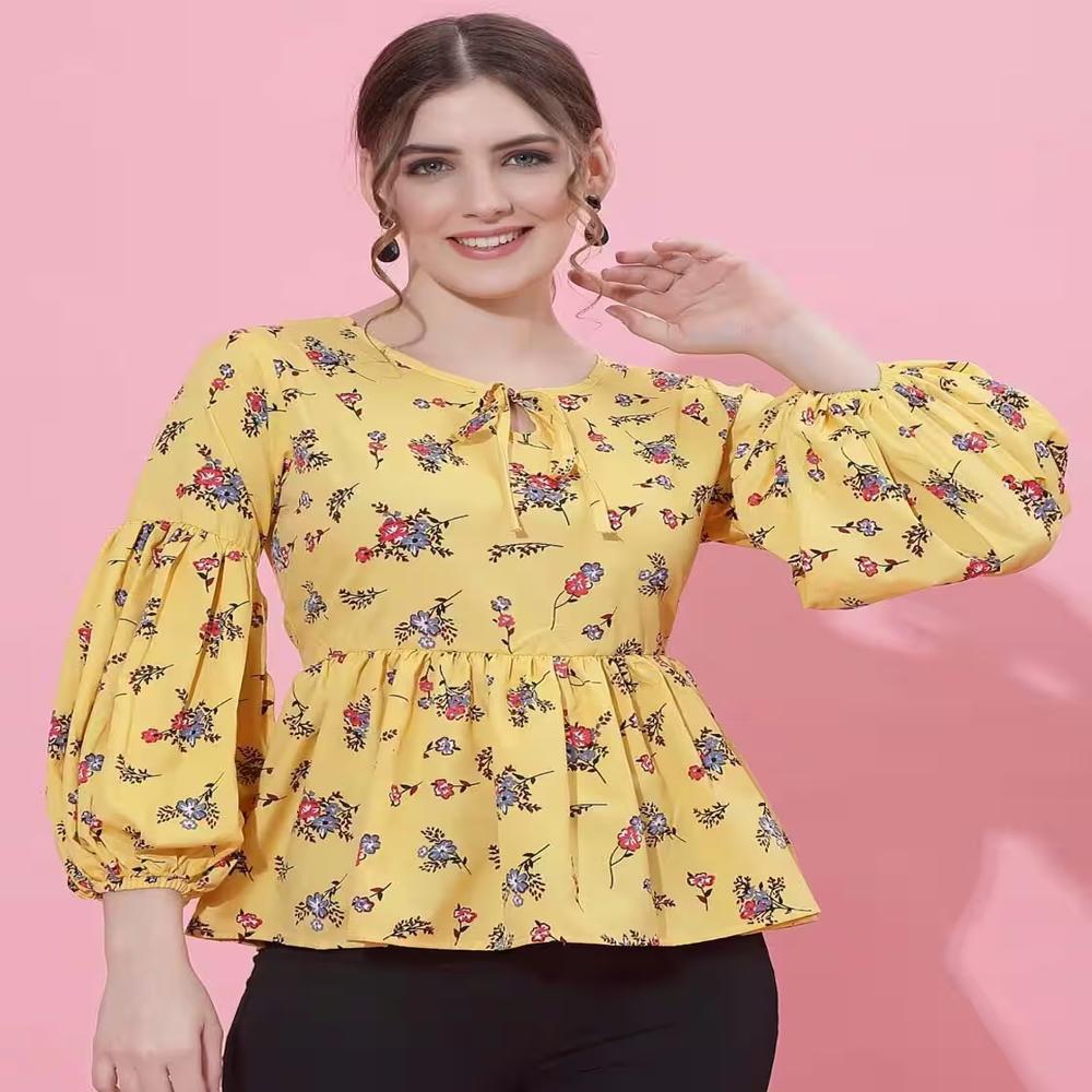 Floral Print Top with Tie-Up Neck , Flared Sleeve