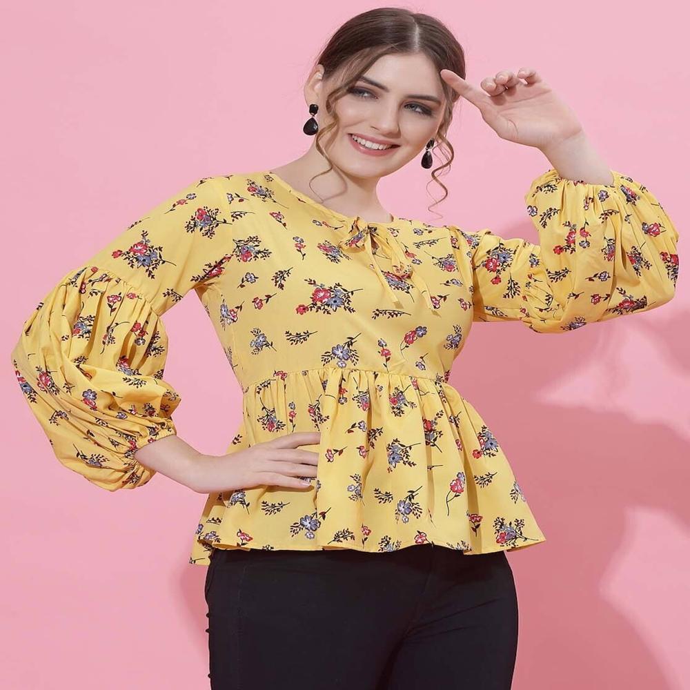 Floral Print Top with Tie-Up Neck , Flared Sleeve