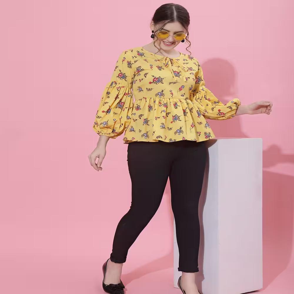 Floral Print Top with Tie-Up Neck , Flared Sleeve