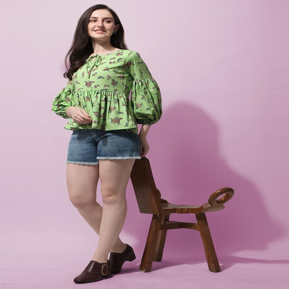 Floral Print Puff Sleeve Crepe Peplum Top , Green